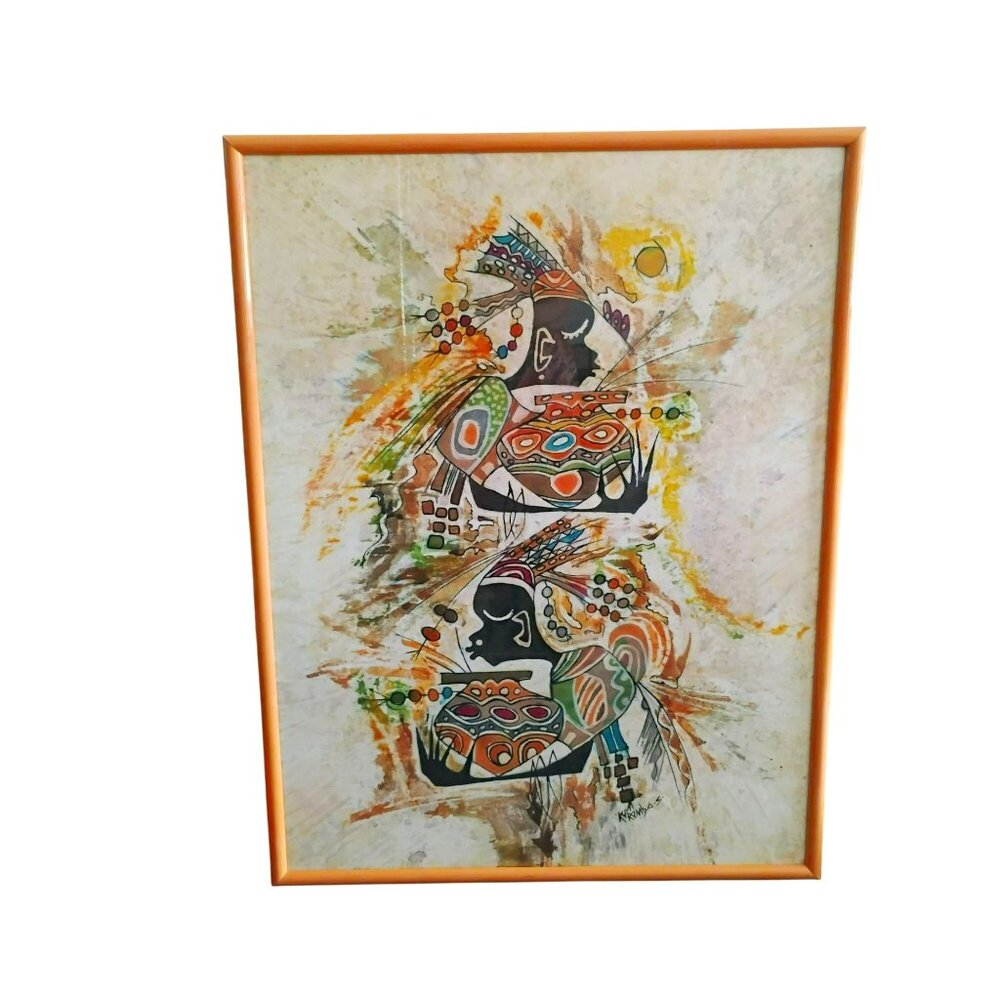 Vintage African Art Batik Painting on Fabric Signed Kimbo? Framed Large 34x26